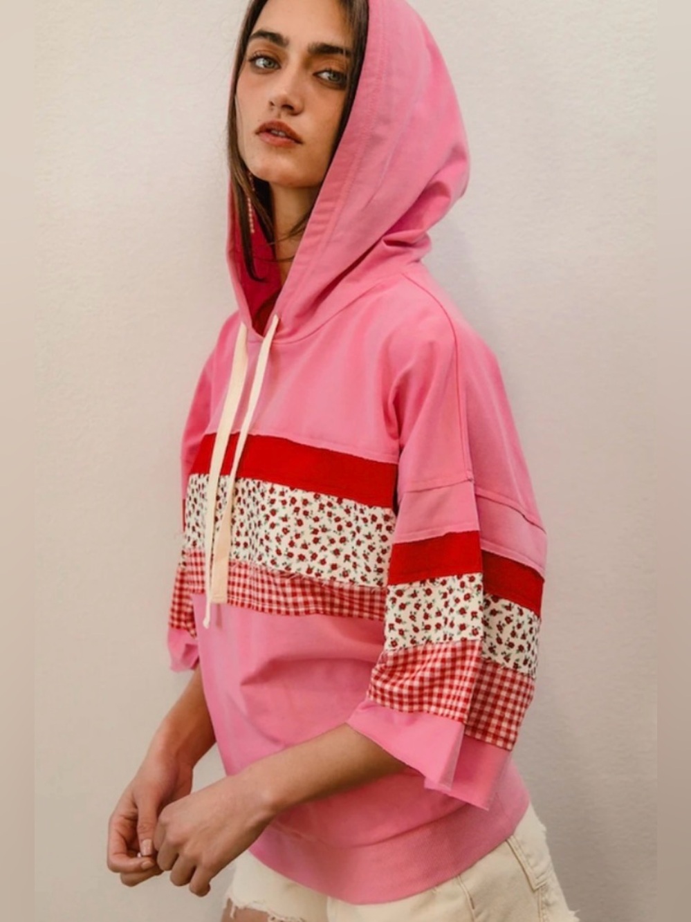 BIBI NEW “The Kristina" Pink Color Block‎ Floral Hoodie Size XL